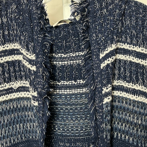 NWT FYLO London Women’s Size Large Blue White Fringe Long Hooded Stripe Sweater - Picture 2 of 8